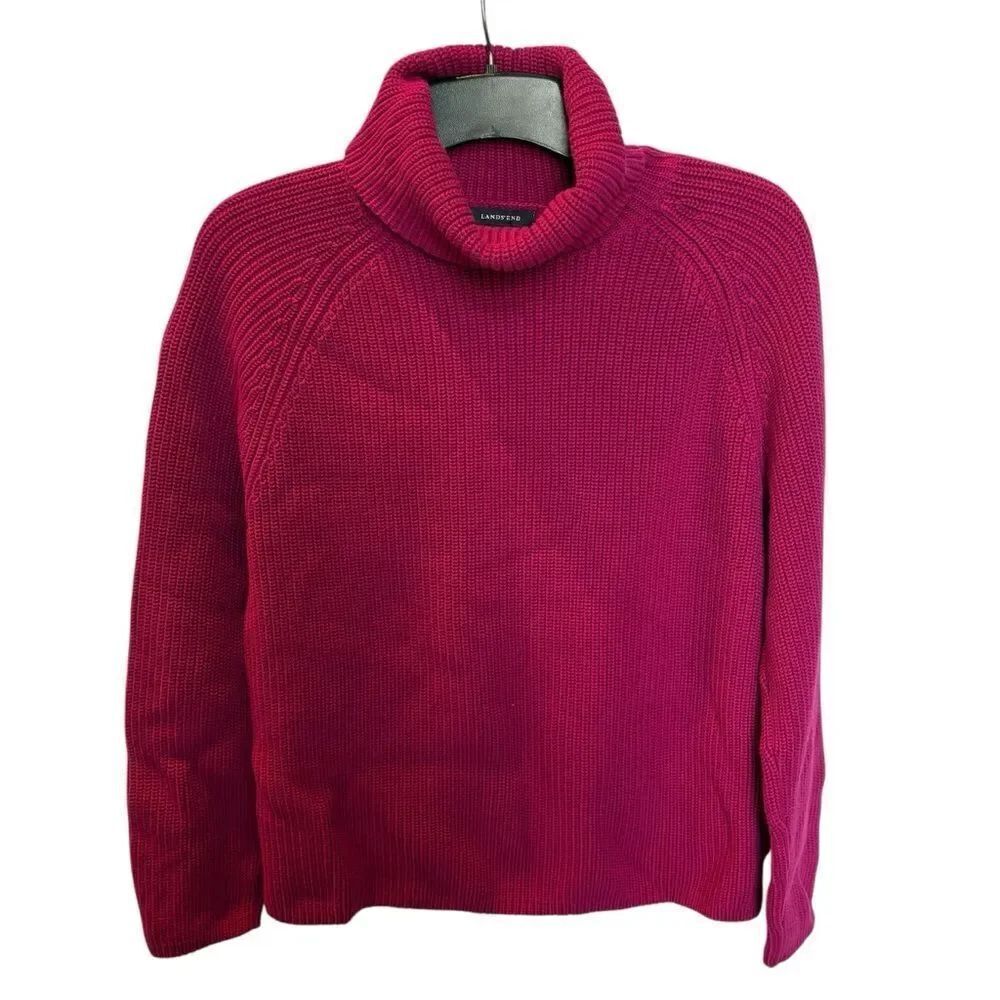 Lands' End Women's Shaker Knit Turtleneck Cotton Sweater Cranberry Size L(14-16)